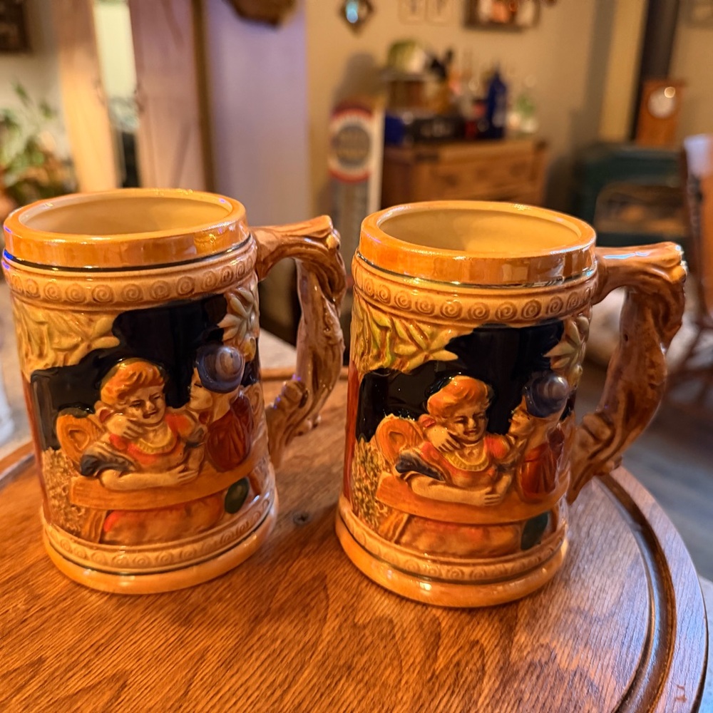 Vintage Japanese Ceramic Beer Steins  with Relief Decoration - Pair